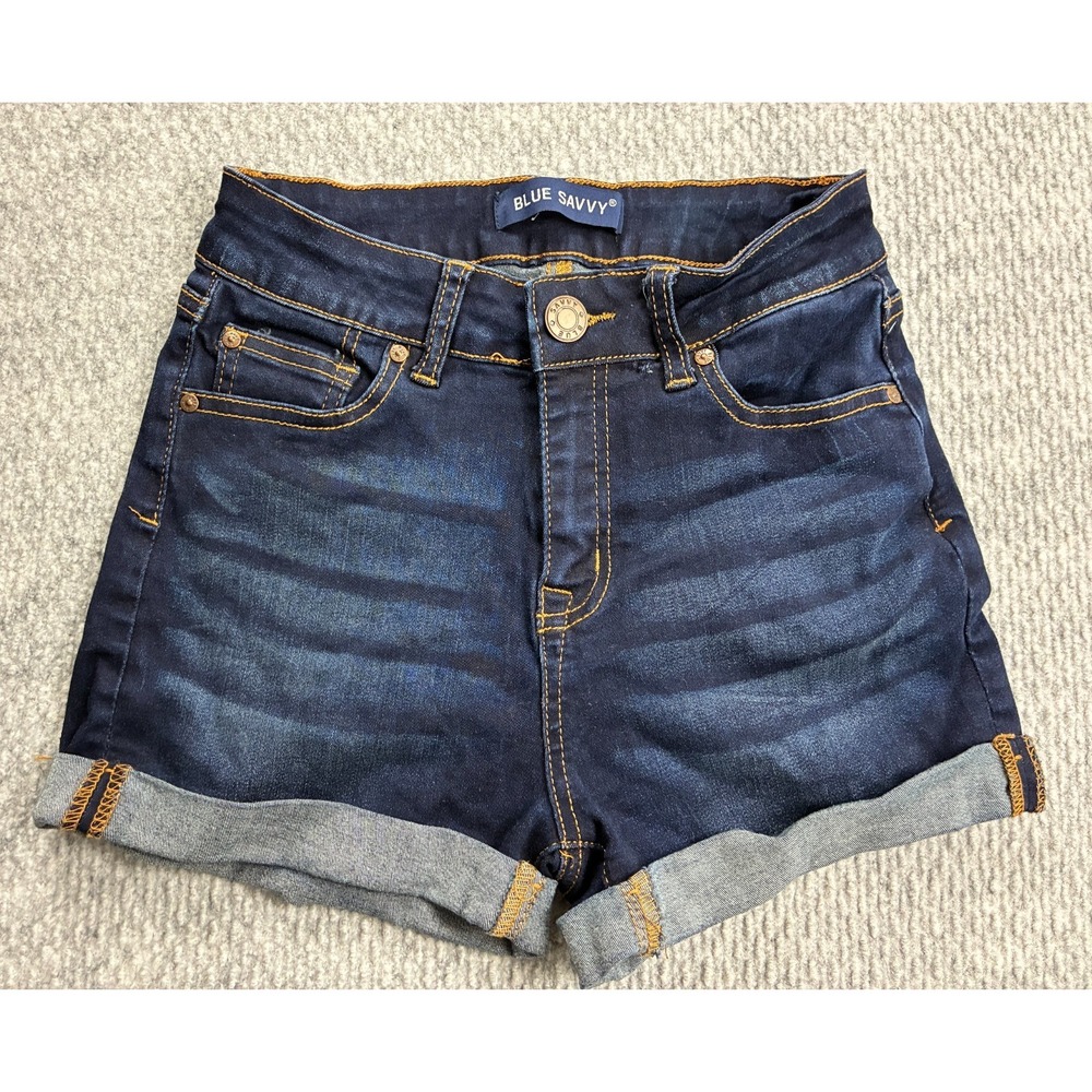 Blue Savvy Denim Shorts Womens 3/26 Dark Wash Stretch Cuffed High Rise